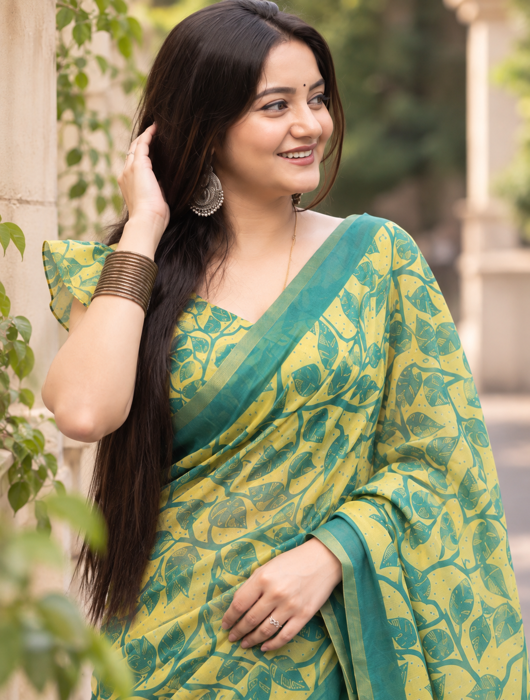 Yellow Botanical Leaf Jaal Saree