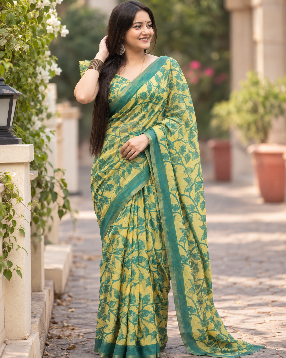 Yellow Botanical Leaf Jaal Saree