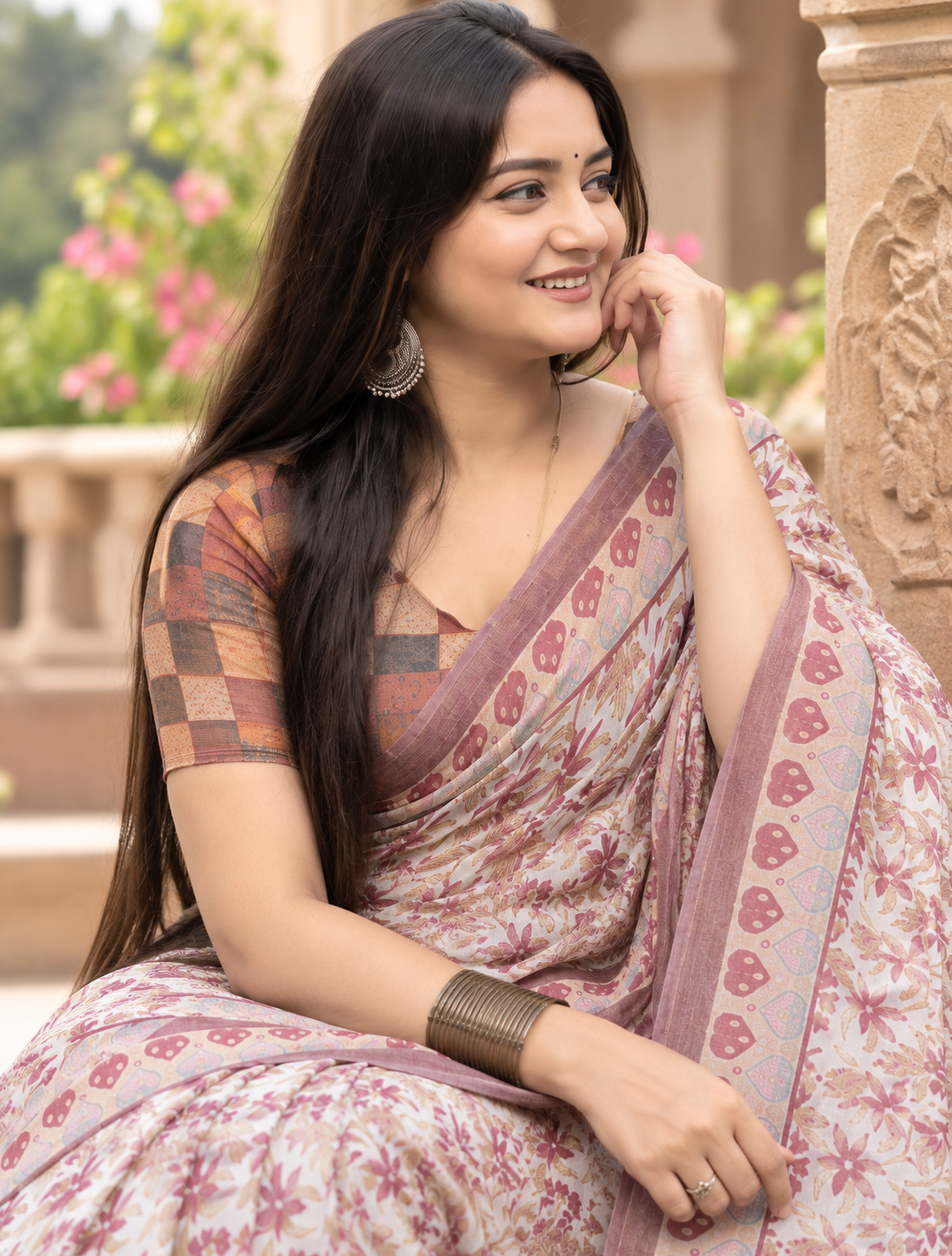 Off-White Wine Floral Block Saree