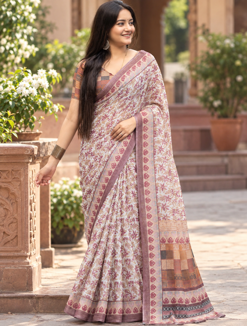 Off-White Wine Floral Block Saree