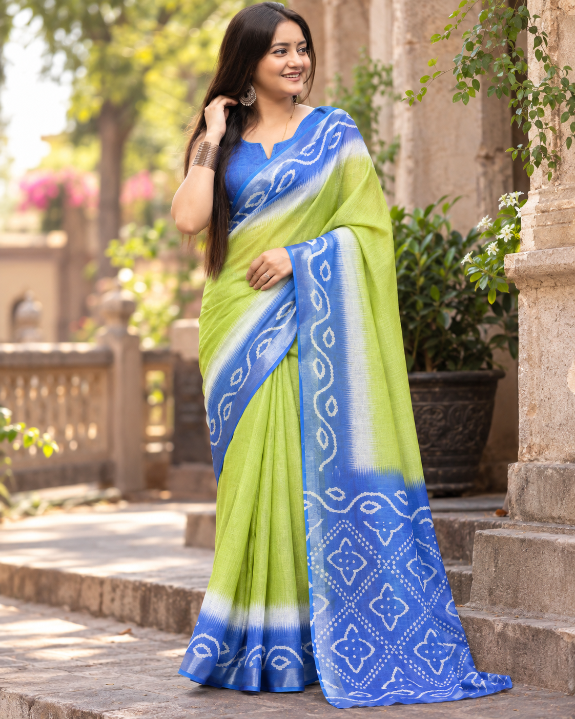 Lime Green Bandhani Dual Saree