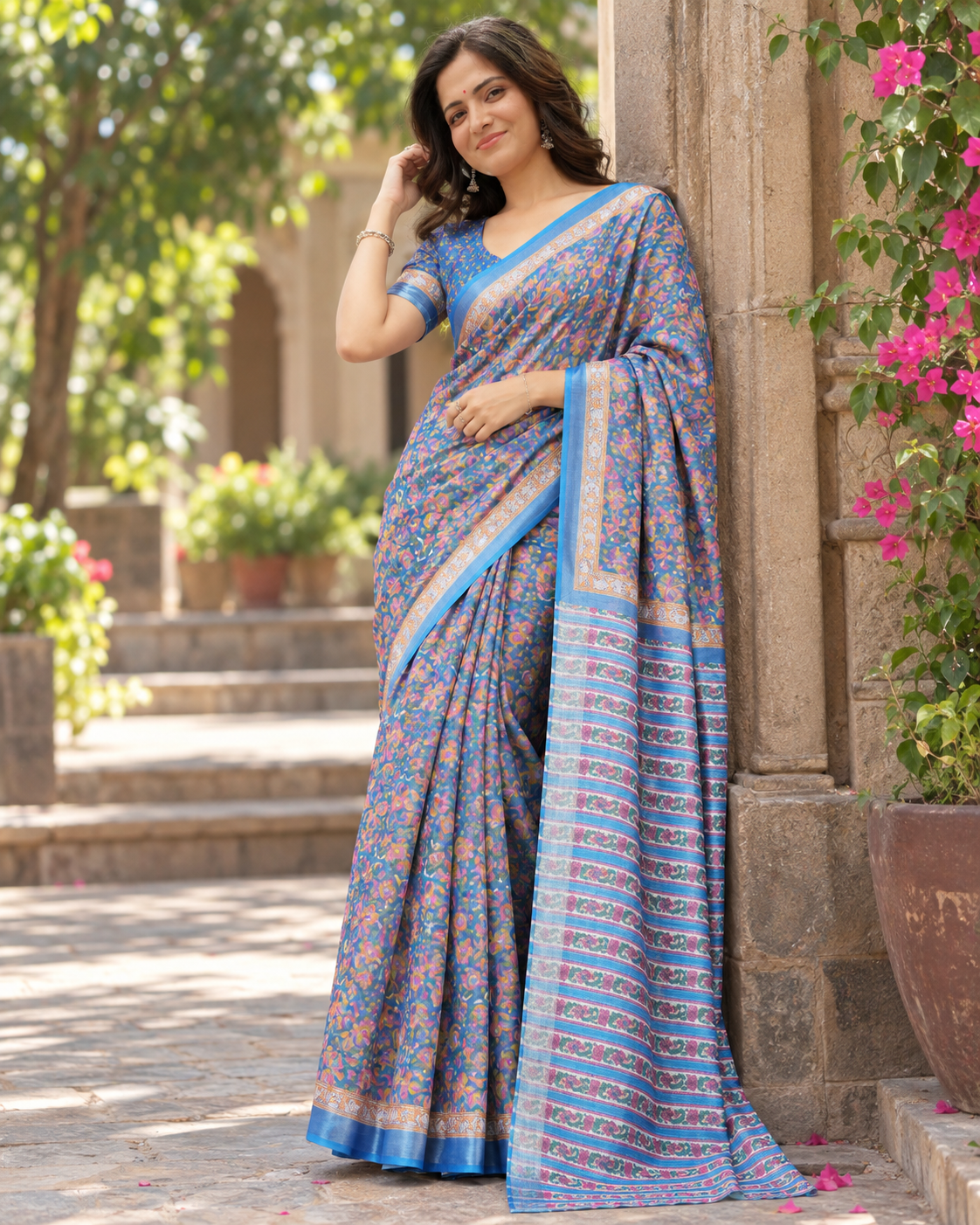 Cornflower Blue Floral Striped Saree