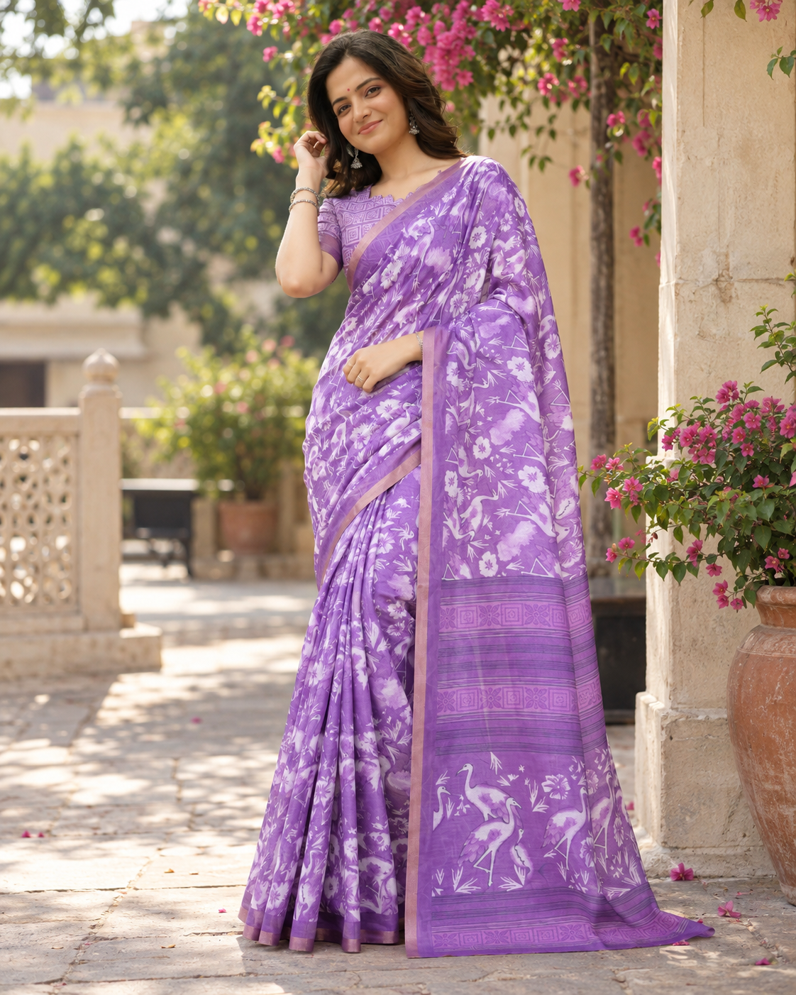 Lavender Crane Bird Print Saree