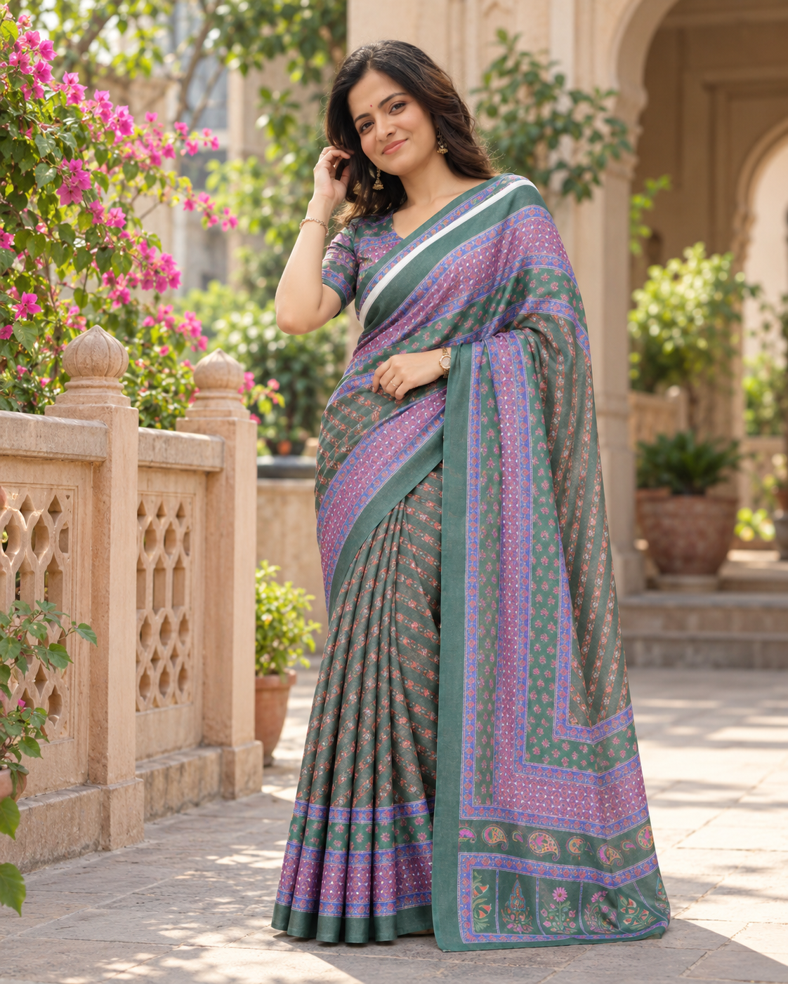 Moss Green Diagonal Booti Saree
