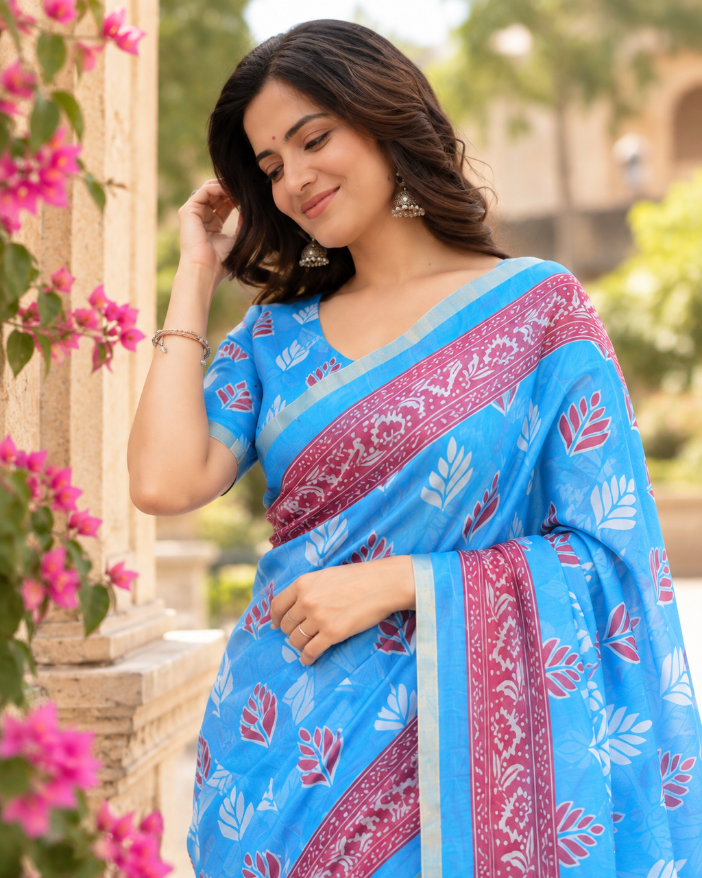 Sky Blue Leaf Sprig Saree