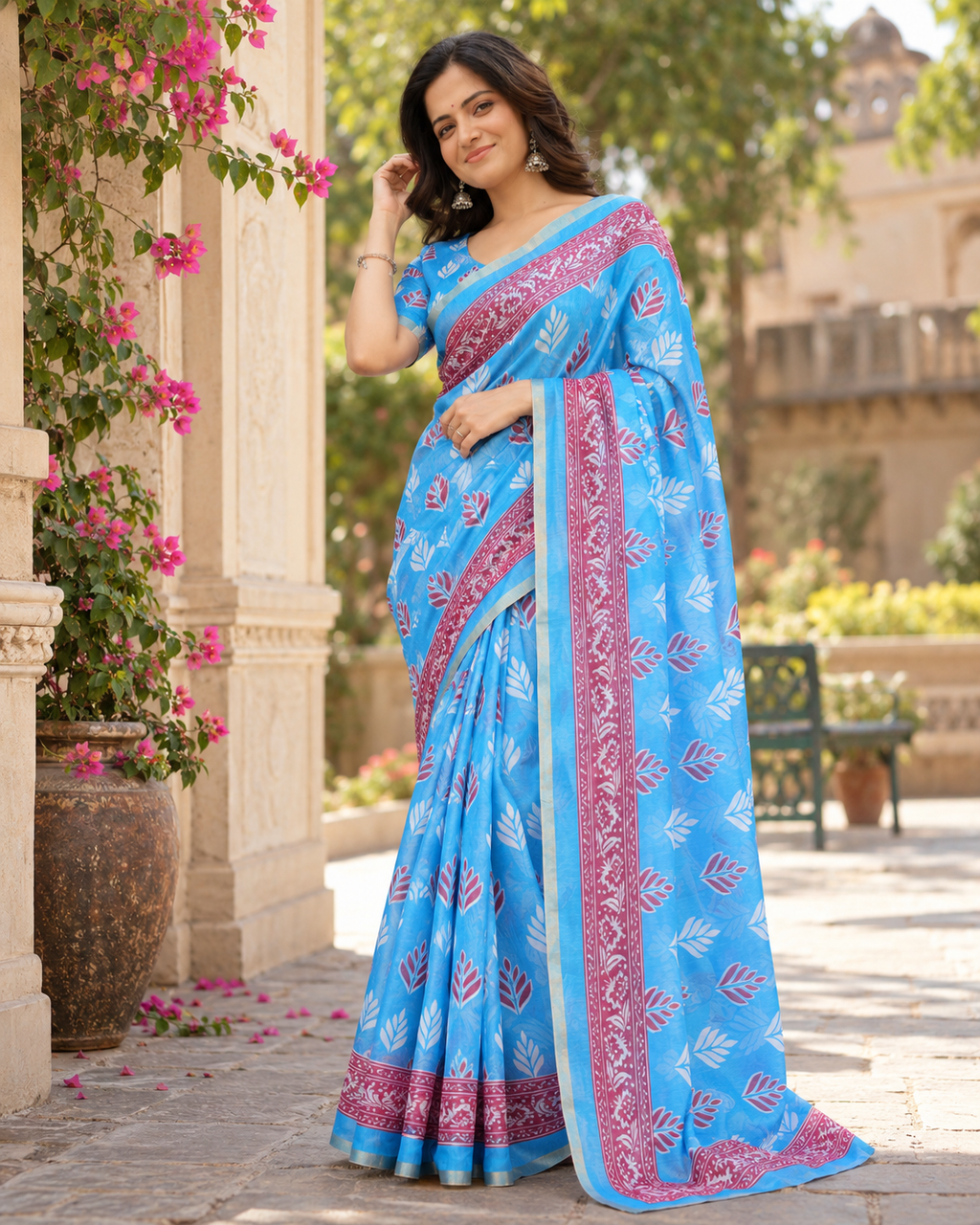Sky Blue Leaf Sprig Saree