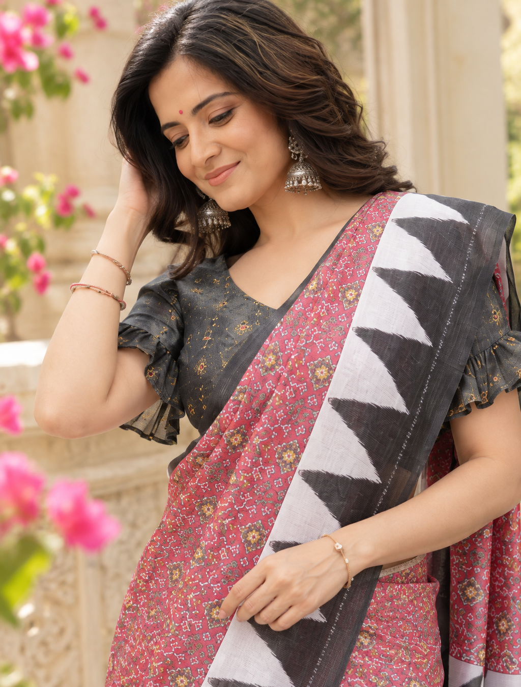 Dusty Rose Temple Border Saree
