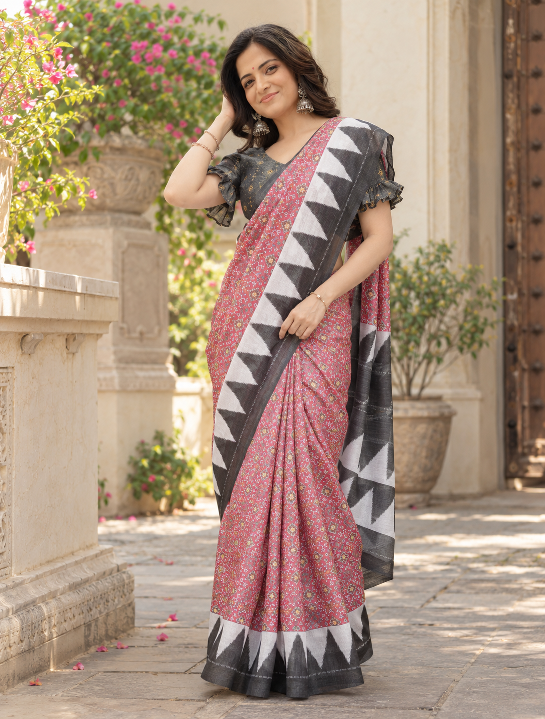 Dusty Rose Temple Border Saree