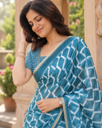 Slate Teal Geometric Diamond Saree