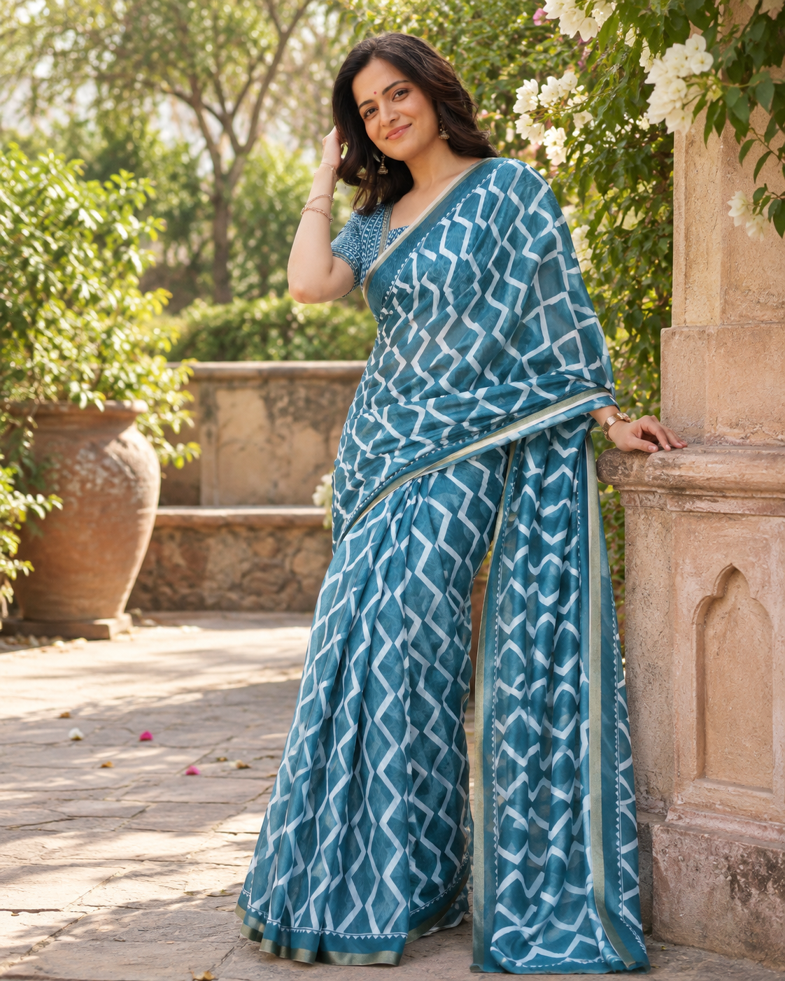 Slate Teal Geometric Diamond Saree