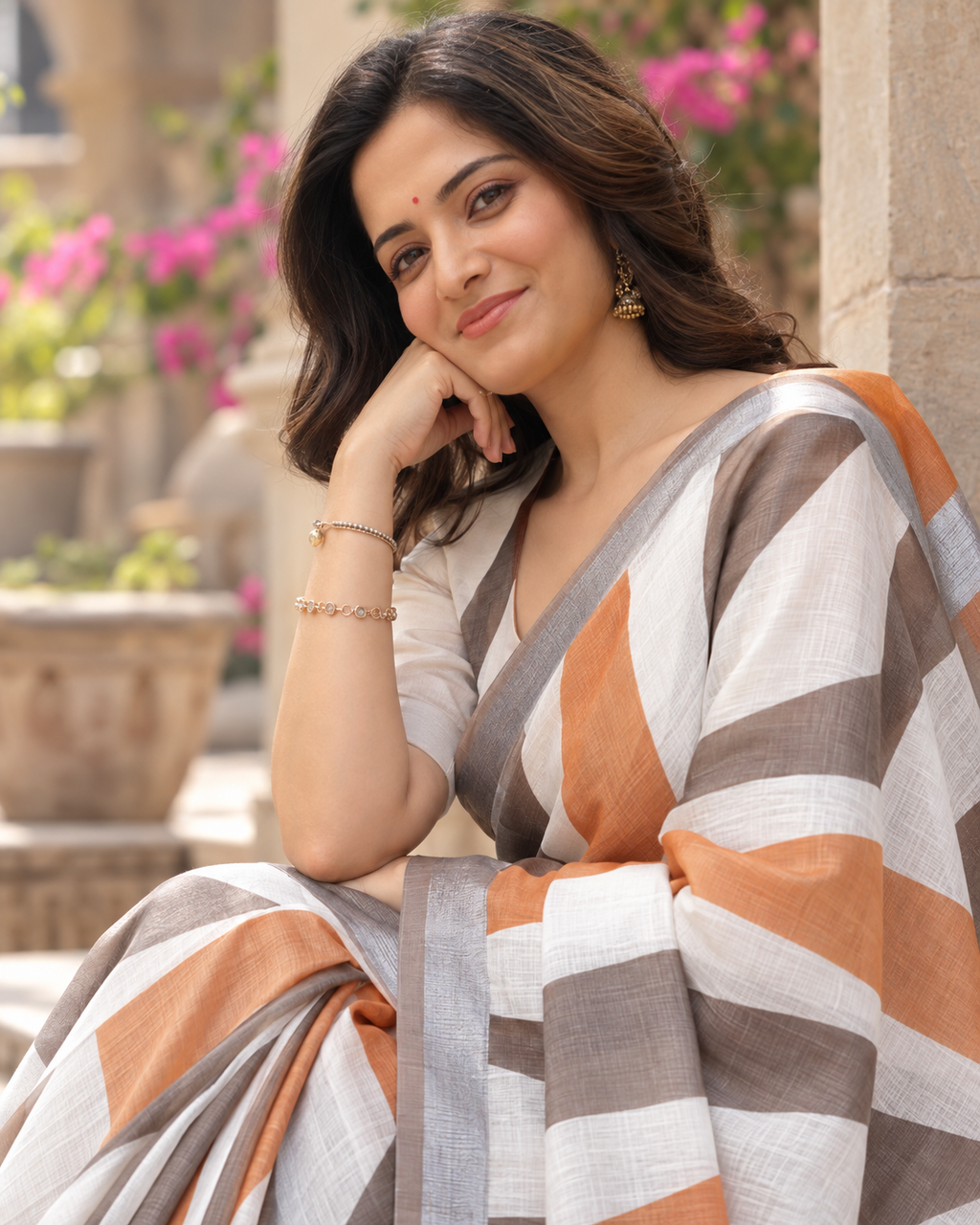 White & Mocha Color Block Saree