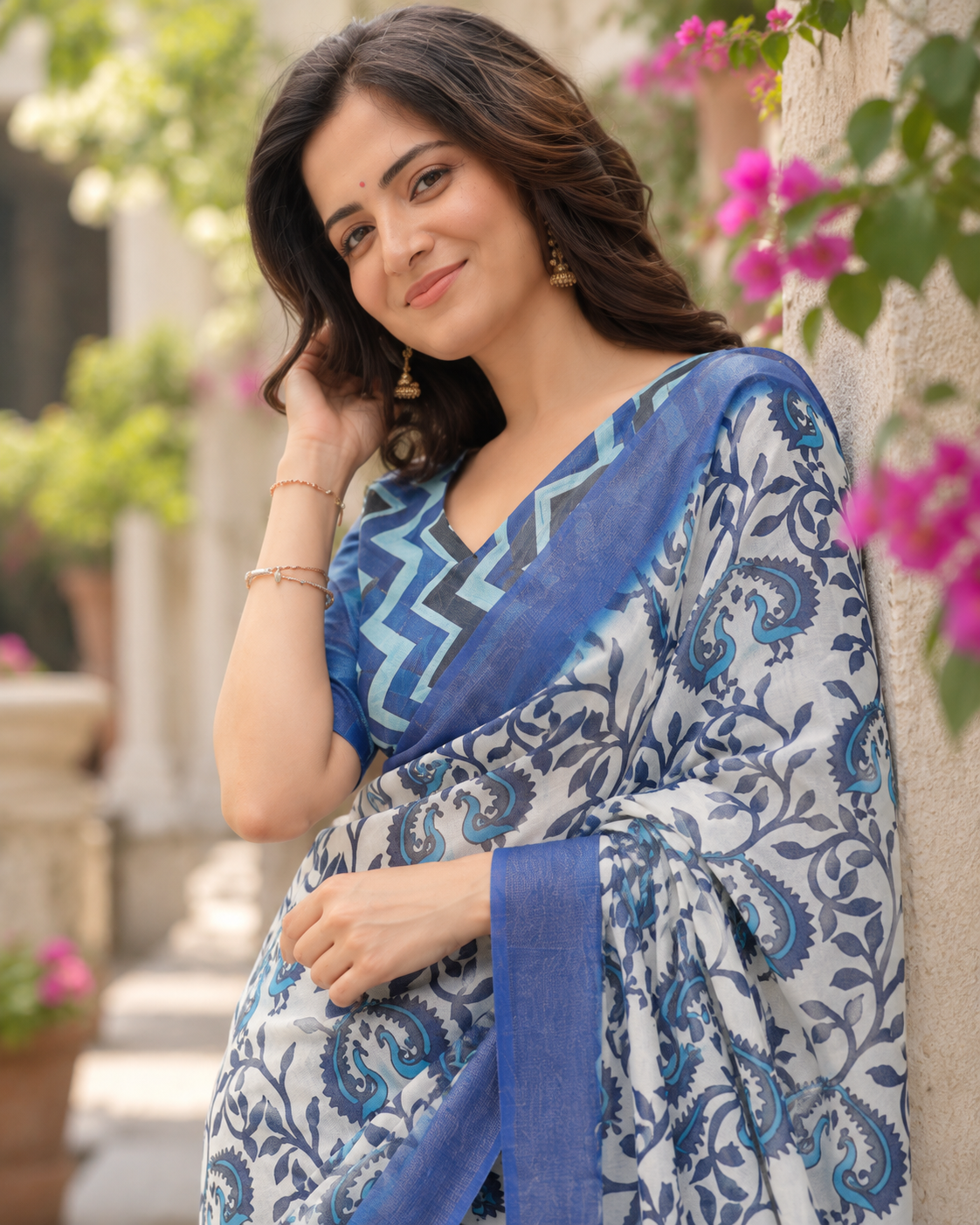 Indigo Peacock Paisley Vine Saree