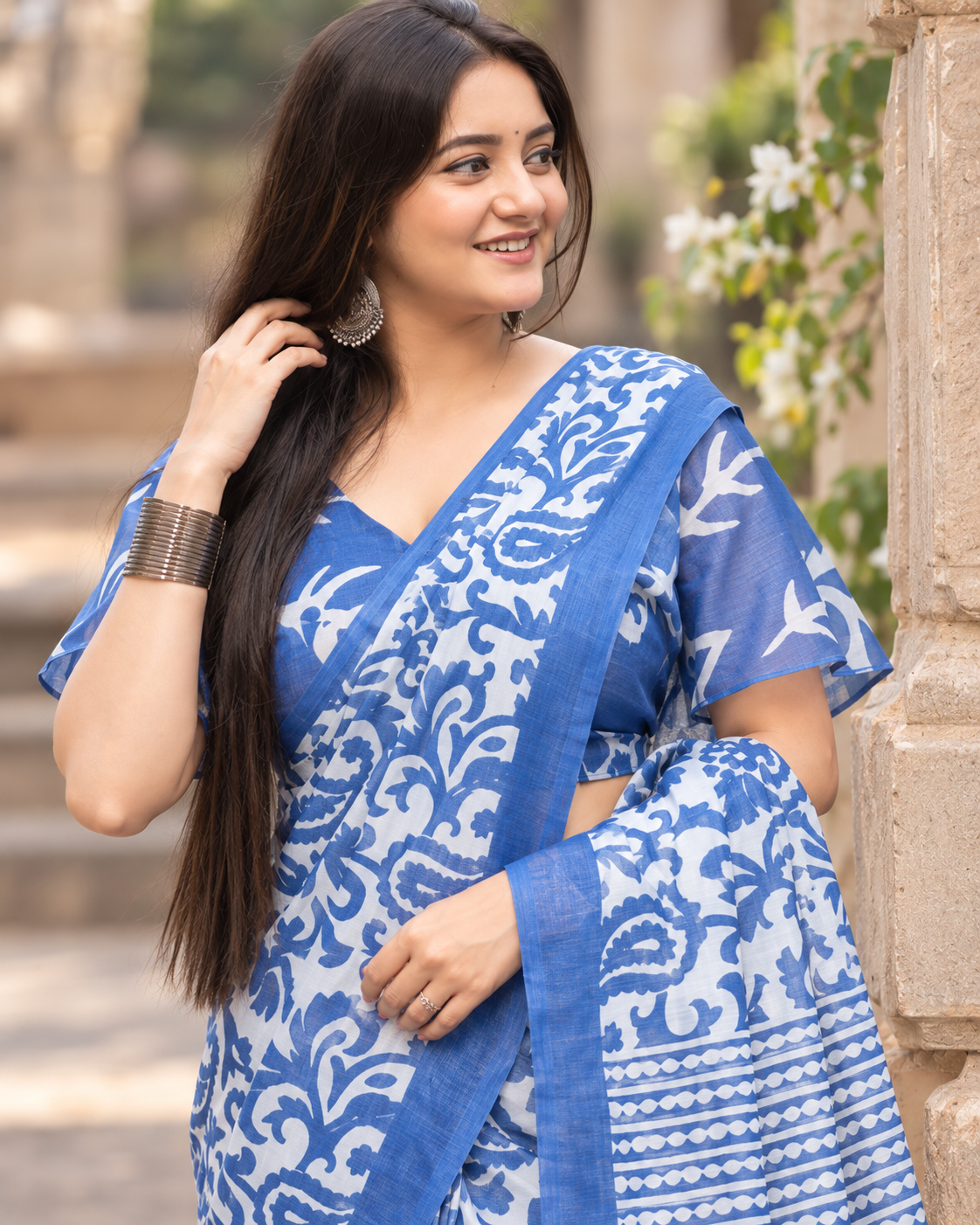 Classic Blue Kalamkari Block Saree