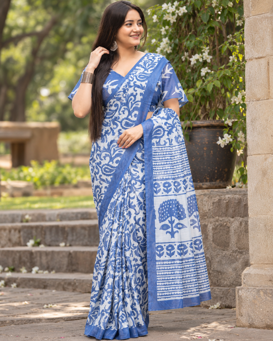 Classic Blue Kalamkari Block Saree
