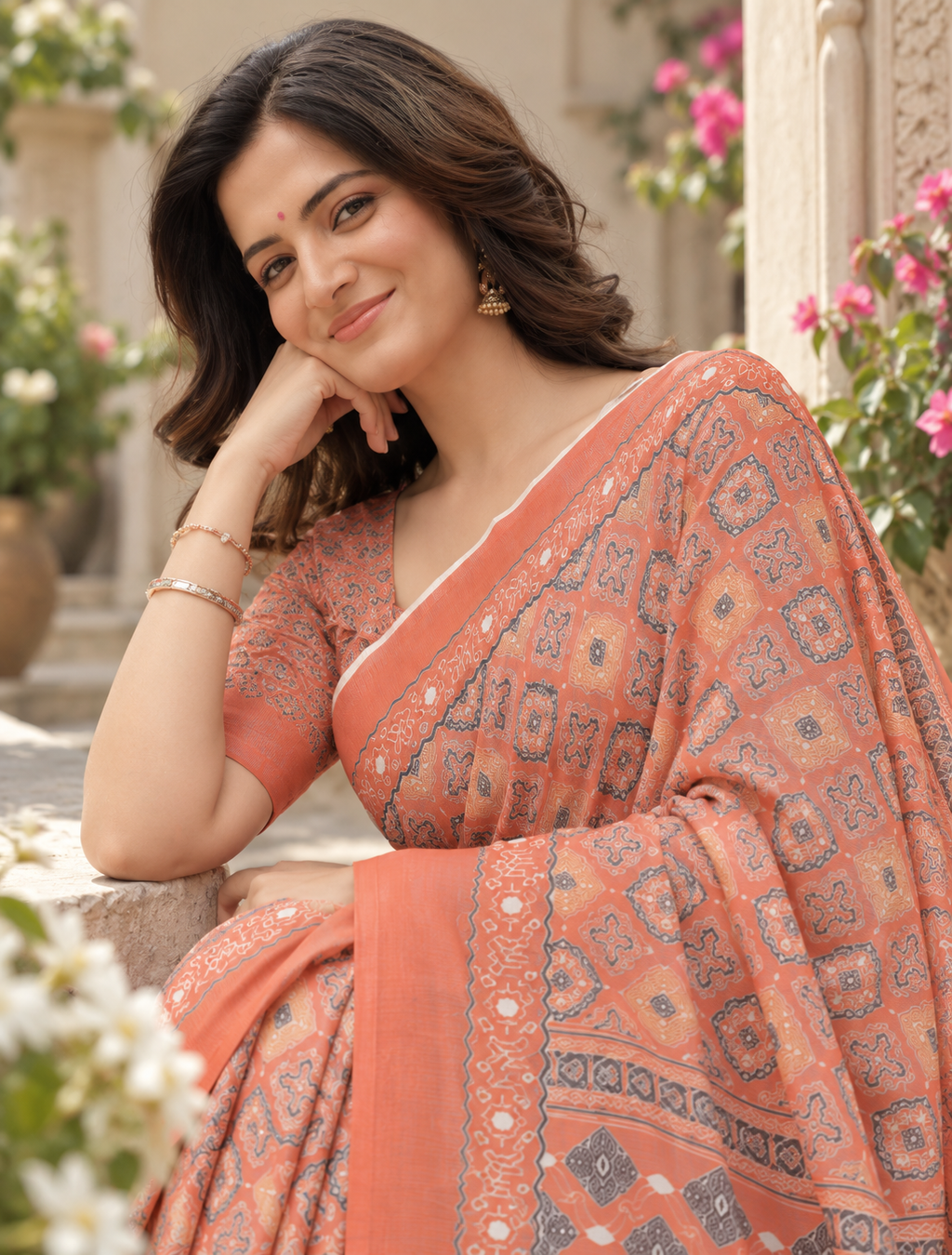 Warm Rust Ikat Grid Saree