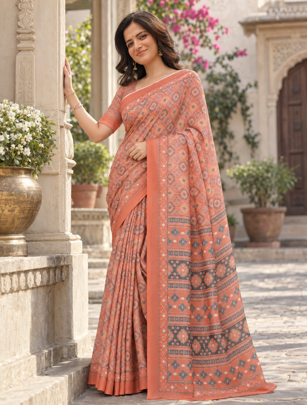 Warm Rust Ikat Grid Saree