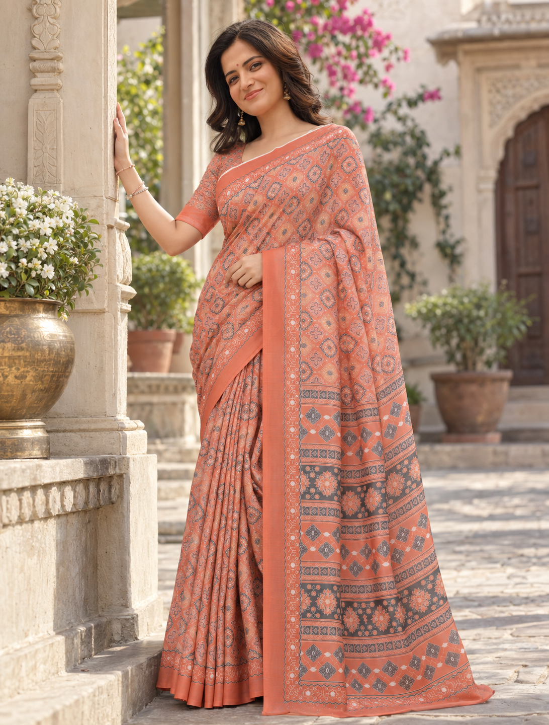Warm Rust Ikat Grid Saree