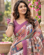 Vintage Purple Mughal Miniature Art Saree