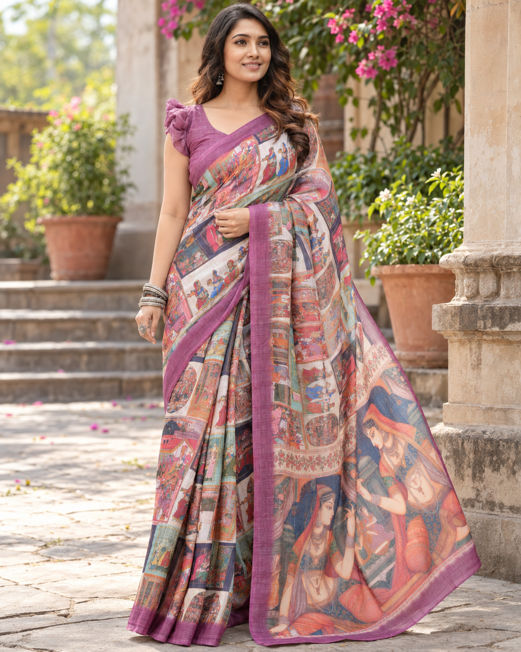 Vintage Purple Mughal Miniature Art Saree