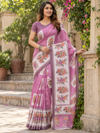 Orchid Violet Floral Bouquet Block Saree