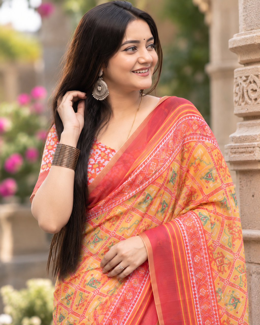 Marigold Orange Bandhani Ikkat Saree