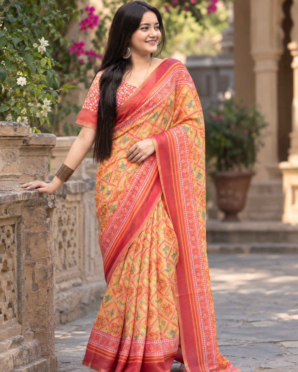 Marigold Orange Bandhani Ikkat Saree