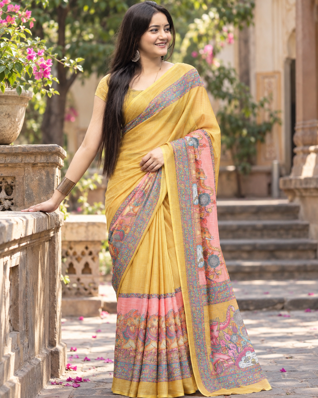 Mustard Yellow Royal Elephant Art Saree