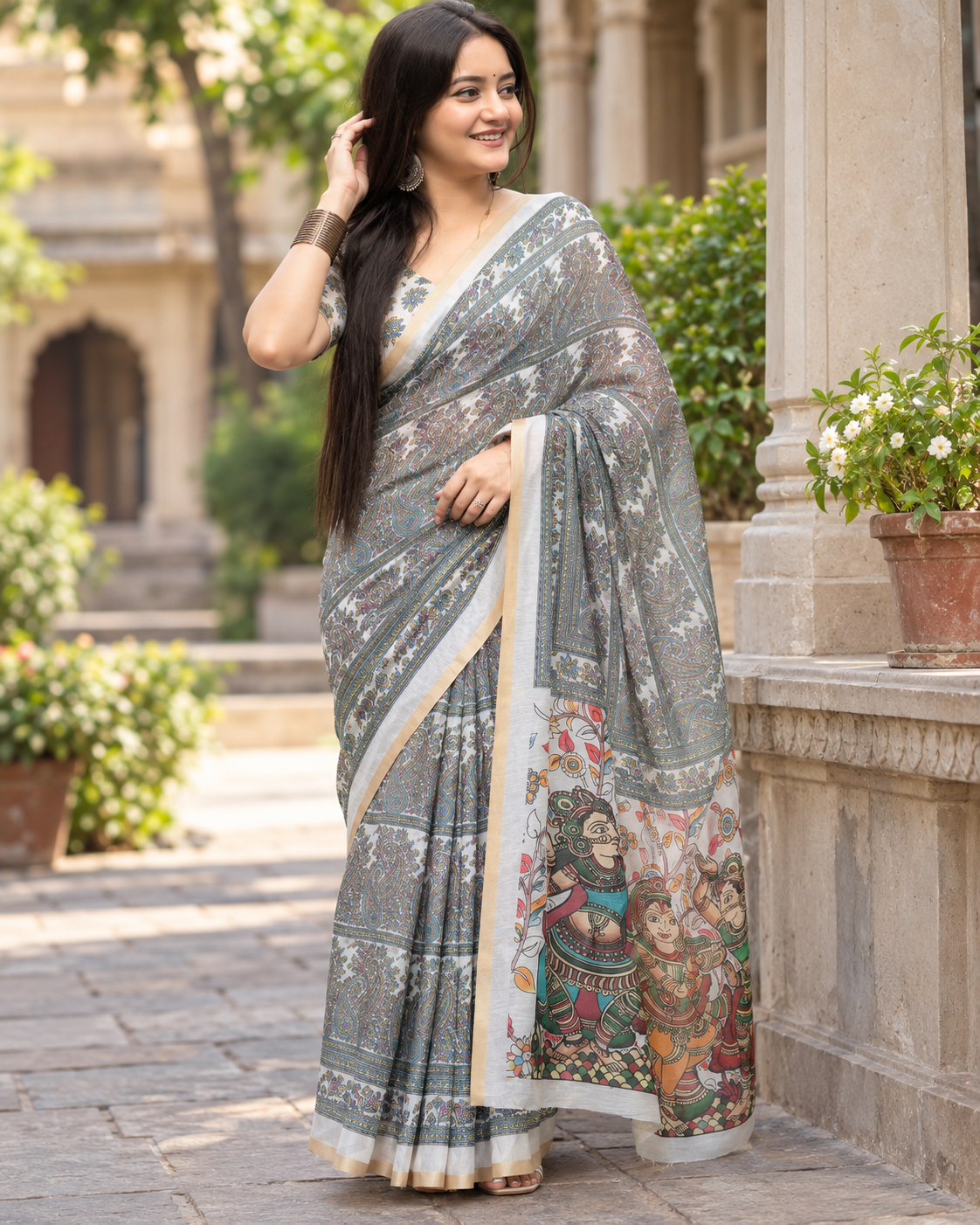 Ivory Kalamkari Devotional Dance Saree
