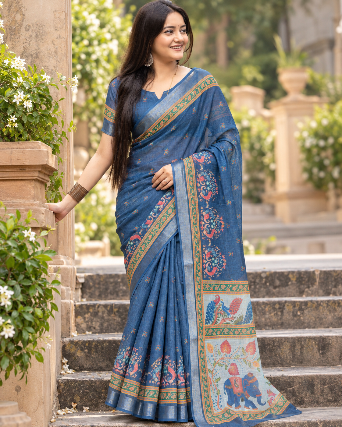 Denim Blue Royal Peacock Elephant Saree