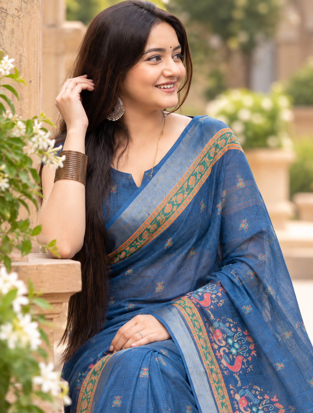 Denim Blue Royal Peacock Elephant Saree