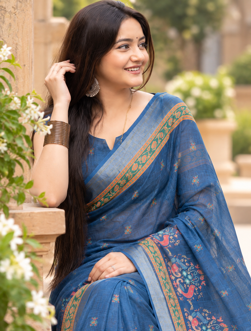 Denim Blue Royal Peacock Elephant Saree