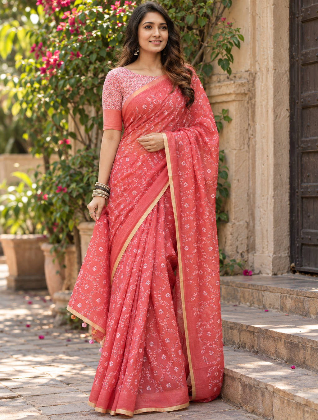 Coral Rose Delicate Floral Vine Saree