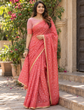 Coral Rose Delicate Floral Vine Saree