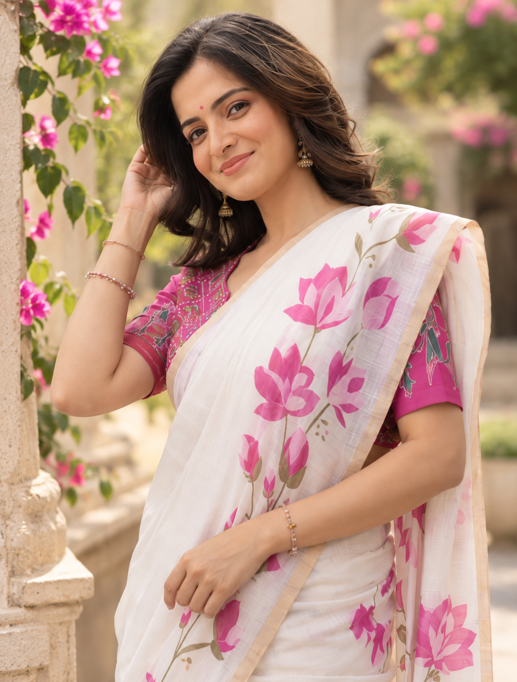 Ivory White Pichwai Lotus Garden Saree
