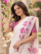 Ivory White Pichwai Lotus Garden Saree