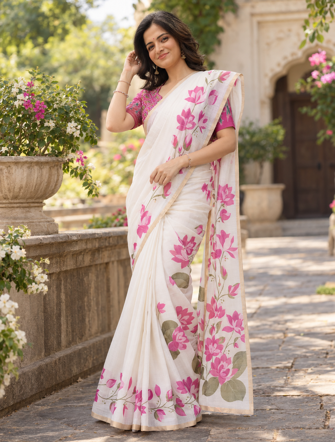 Ivory White Pichwai Lotus Garden Saree