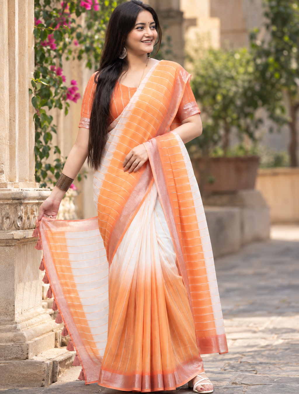 Sunset Peach Leheriya Ombre Saree