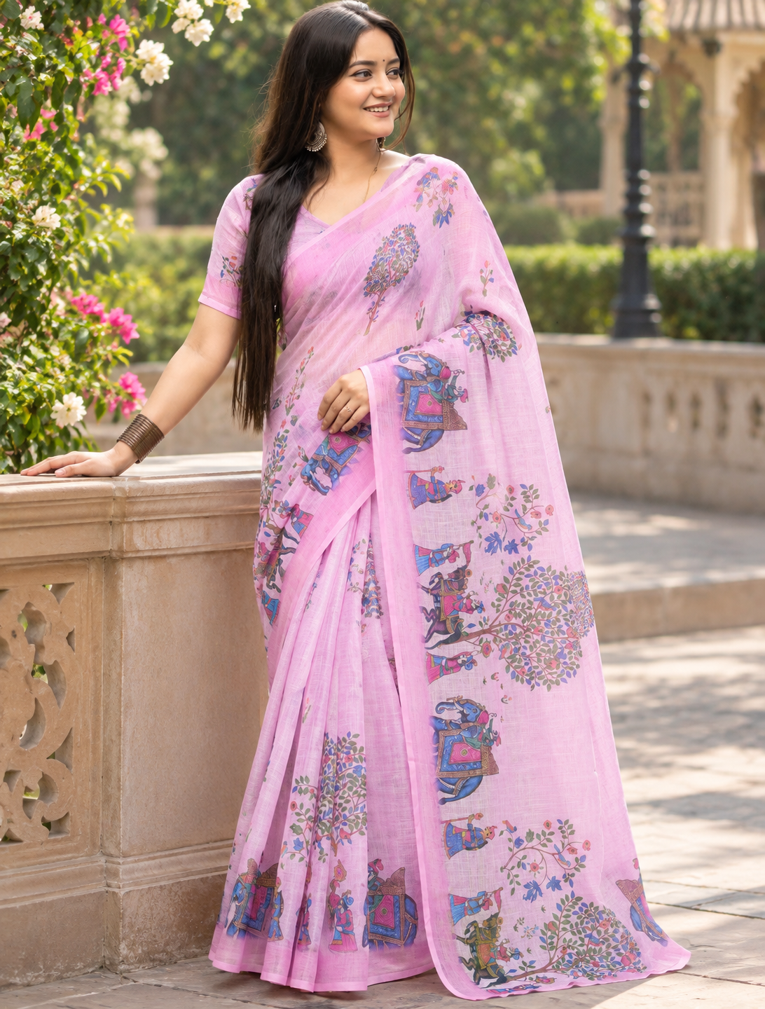 Baby Pink Folk Elephant Tree Saree