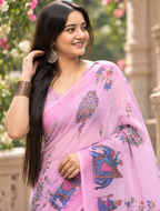 Baby Pink Folk Elephant Tree Saree