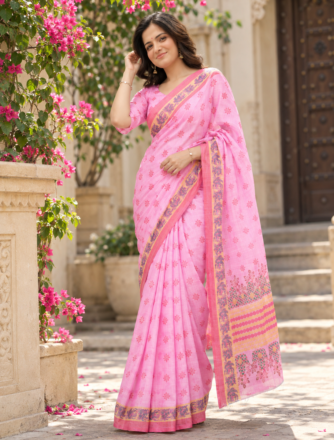 Candy Pink Traditional Booti Saree