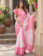 Ivory & Magenta Bandhani Lotus Saree