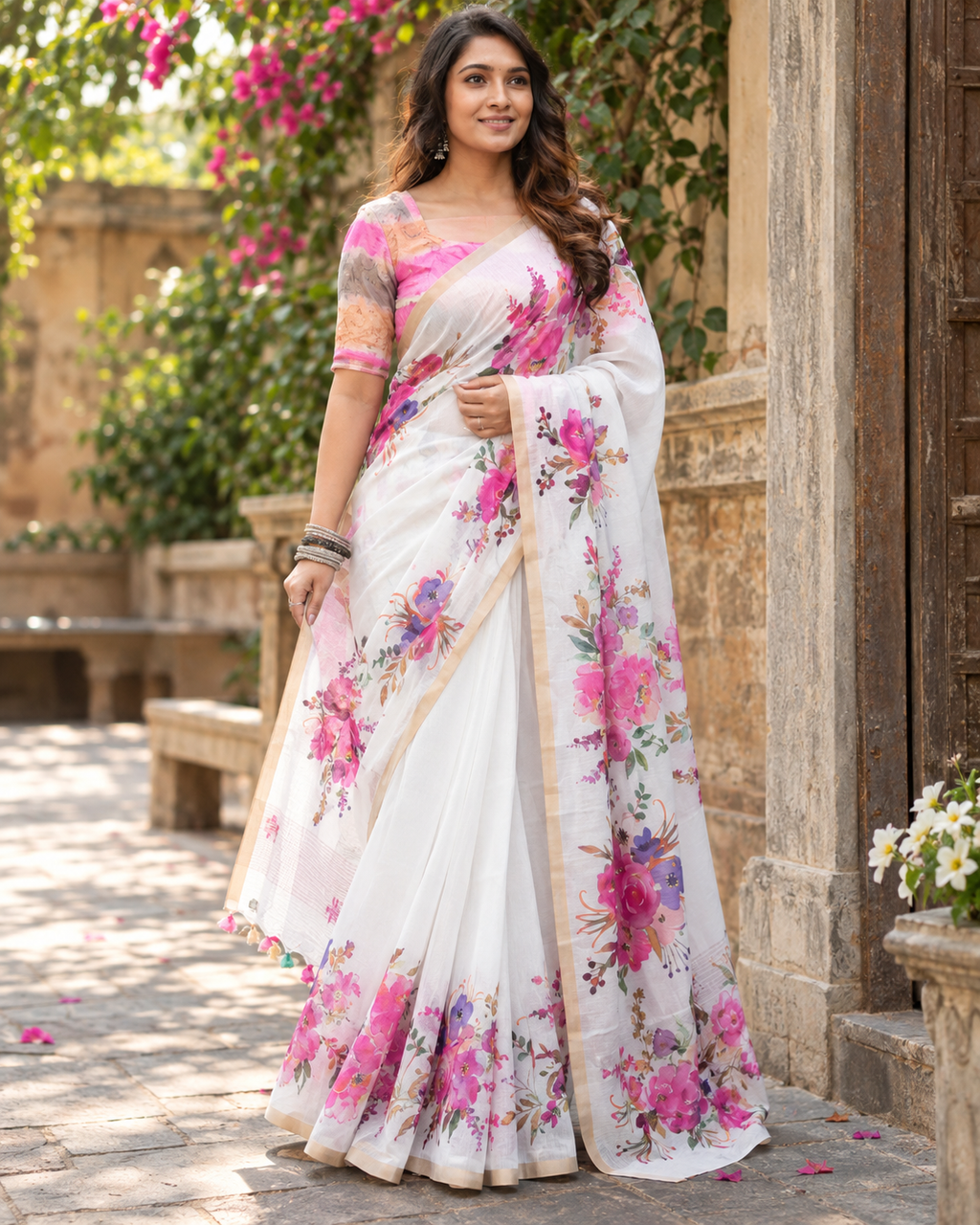 White Watercolor Peony Garden Saree