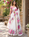 White Watercolor Peony Garden Saree