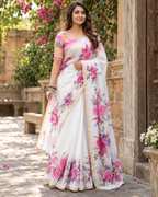 White Watercolor Peony Garden Saree