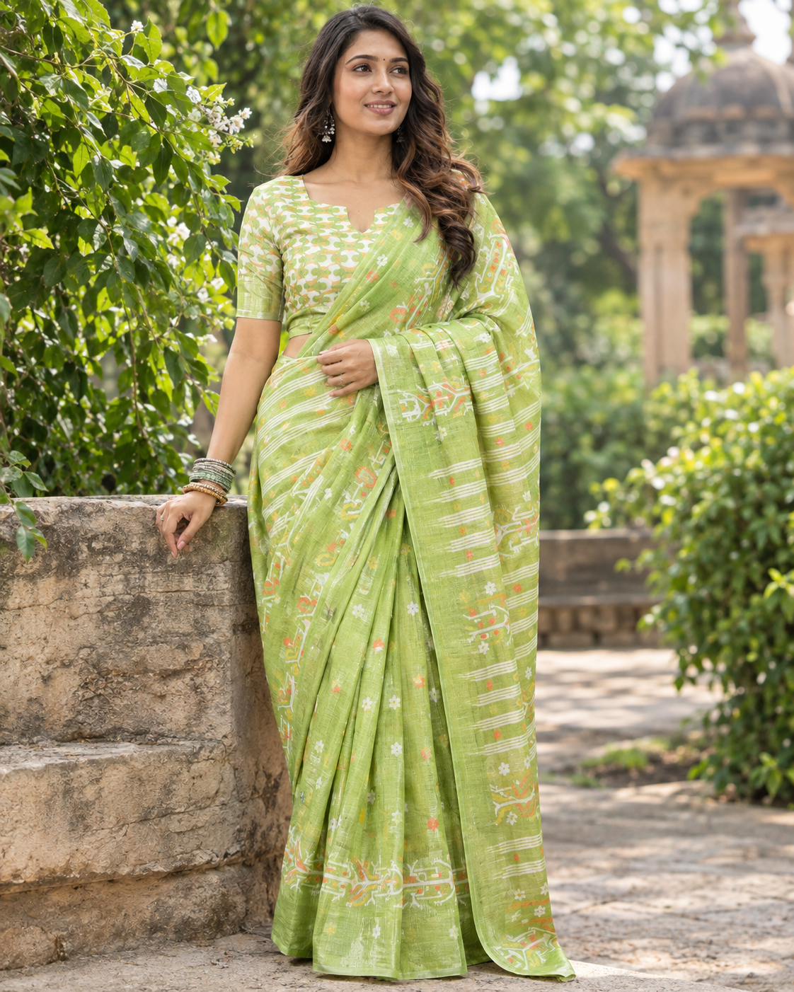 Lime Green Geometric Ikat Wave Saree