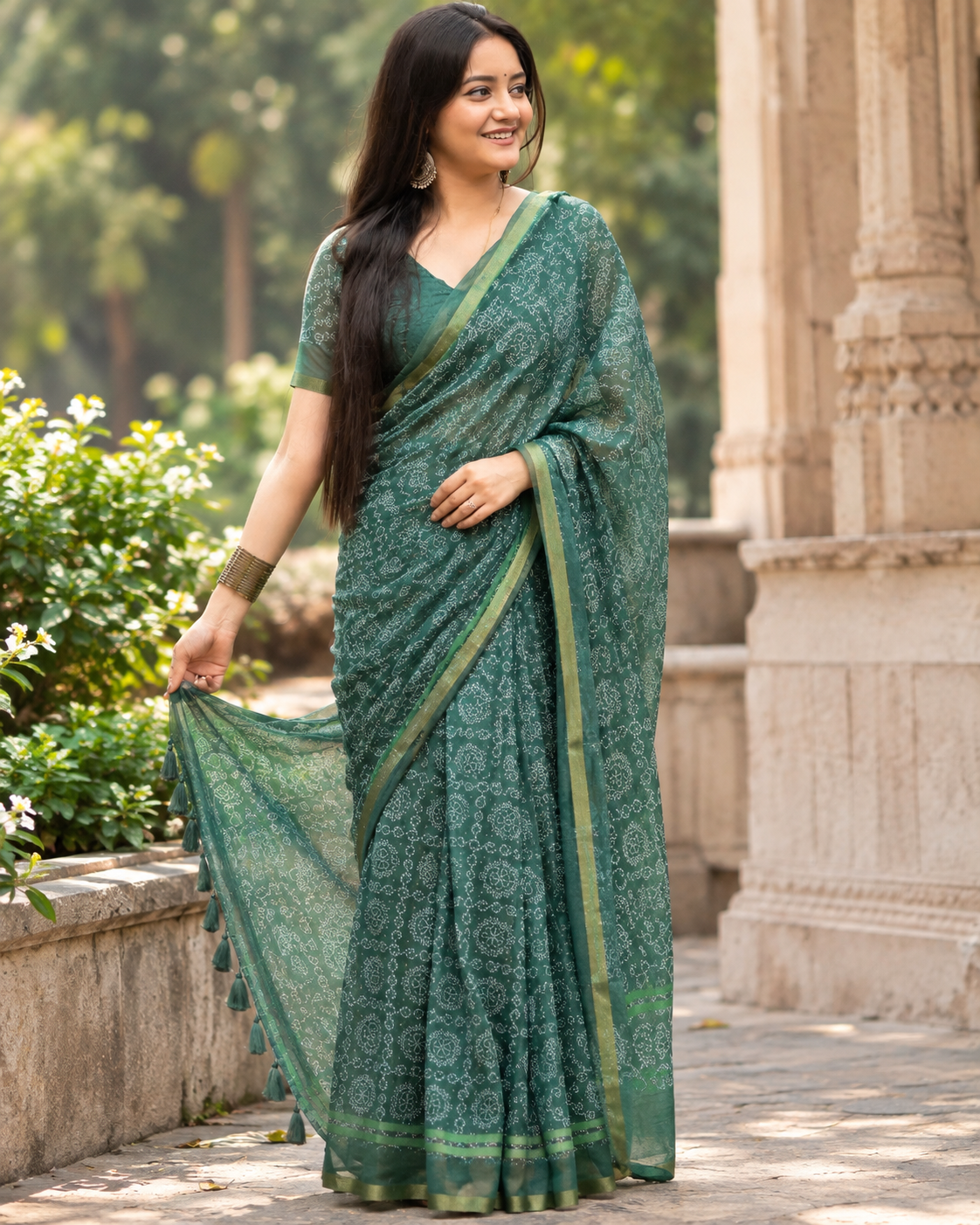 Bottle Green Intricate Bandhani Jaal Saree
