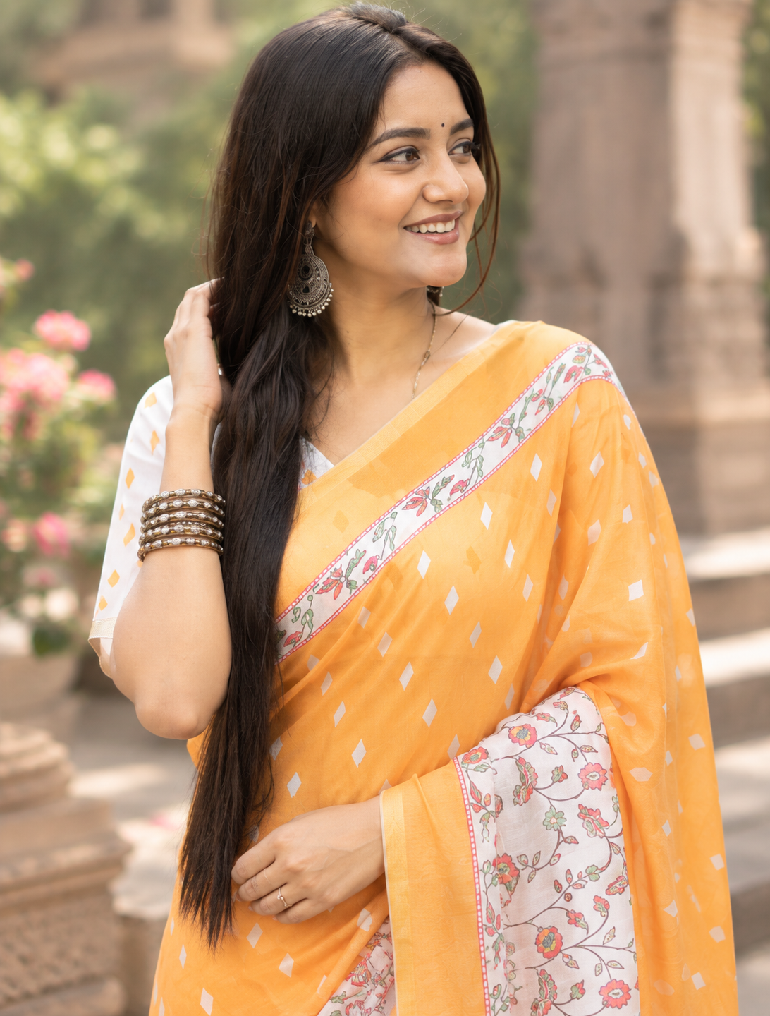Mango Yellow Kalamkari Floral Trail Saree