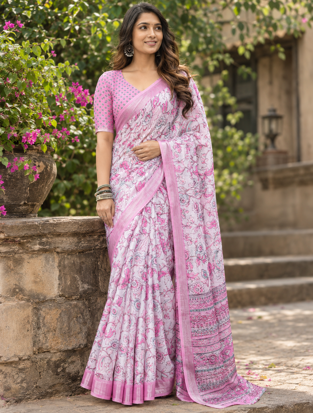 Orchid Pink Meadow Floral Jaal Saree