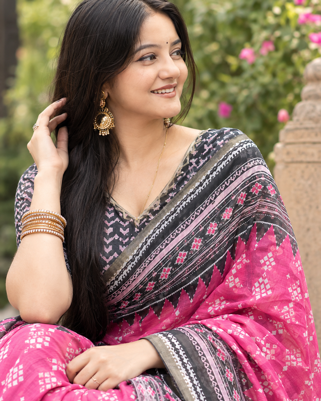 Rani Pink Geometric Ikat Temple Saree