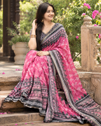 Rani Pink Geometric Ikat Temple Saree